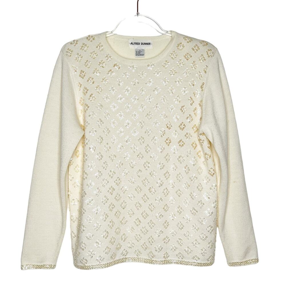 ALFRED DUNNER Vintage Sequin Embellished Long Sleeve Sweater Knit Cream Size S